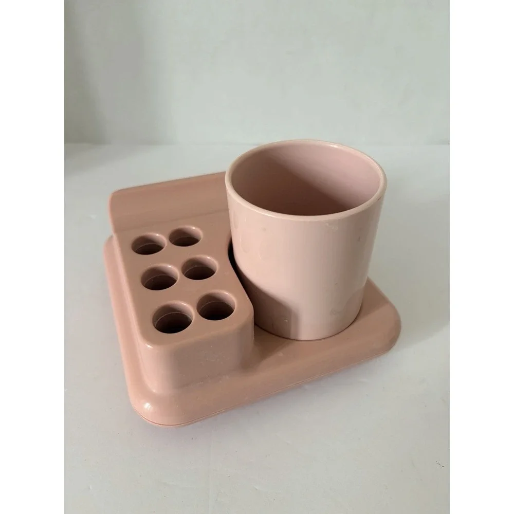 Vintage Pink Mauve Plastic Bathroom Set Toothbrush Holder Cup